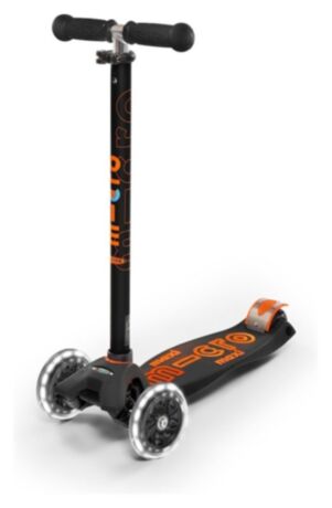 Самокат MICRO серии "Maxi Deluxe LED" - ЧЕРНО-ОРАНЖЕВЫЙ (до 50 kg, трехколесный, свет) MMD143